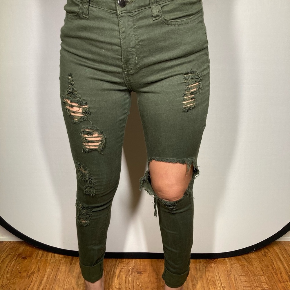 Green Distressed High Waisted Pants